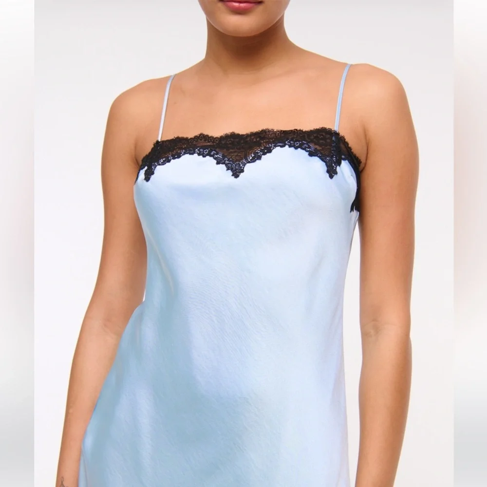 Abercrombie & Fitch Dark Brown Satin Black Lace Trim Slip Mini Dress NWT - Picture 7 of 12